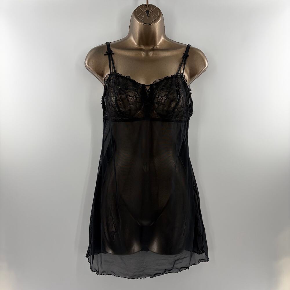 Black Sheer Lace Babydoll Lingerie Chemise Bow Detail Mesh Nightgown